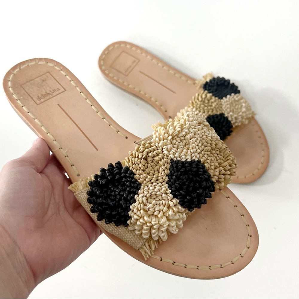 Dolce Vita Raffia Pom Slide Sandals Size 9.5 Neutral Black Tan - Picture 2 of 5